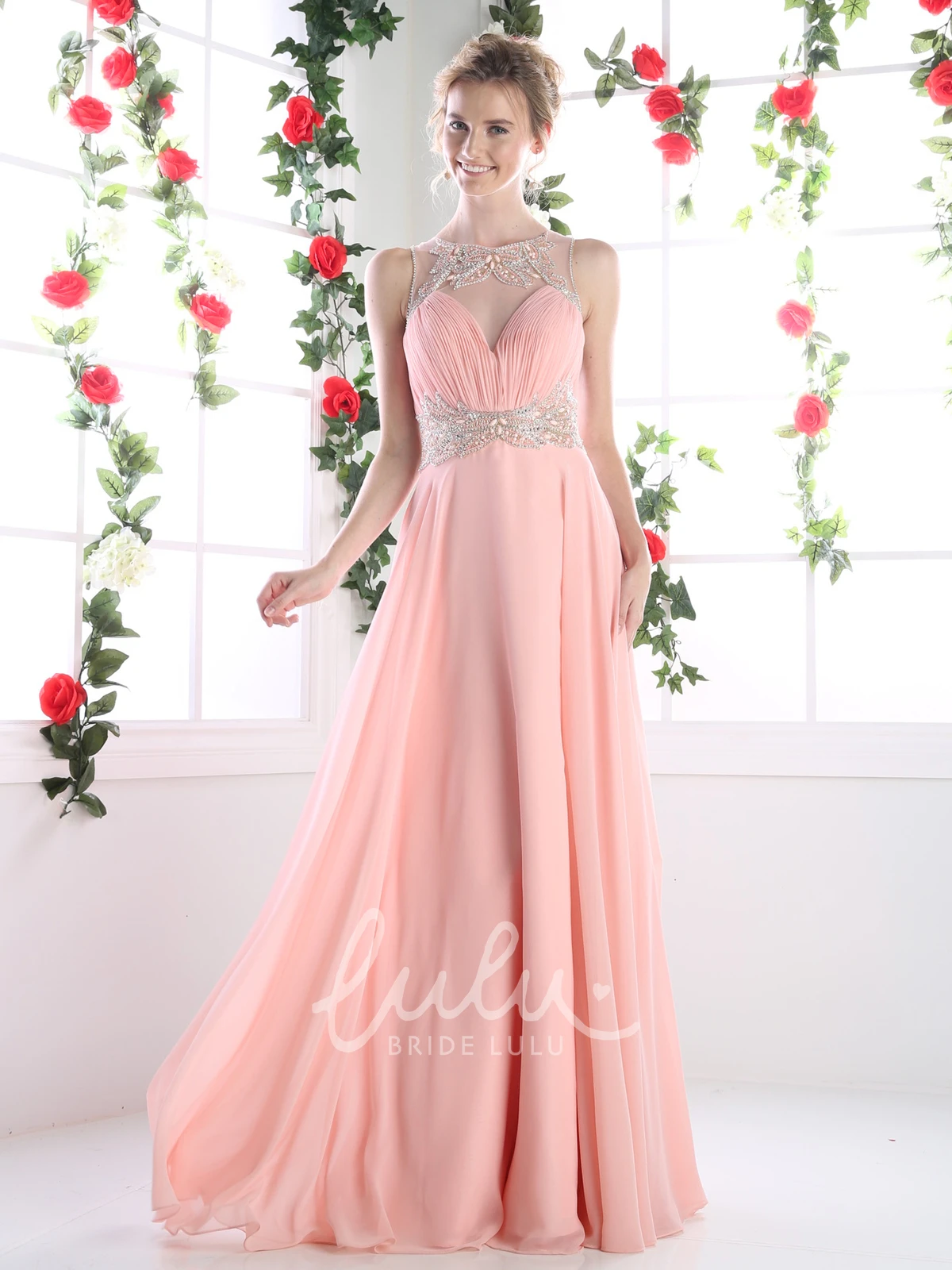 Sleeveless Chiffon A-Line Dress with Keyhole Ruching and Beading Prom Dress