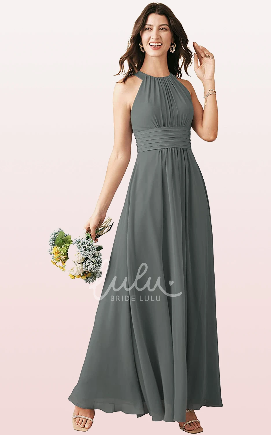 Halter Chiffon Ankle-Length A-Line Bridesmaid Dress with Ruching Boho & Beachy