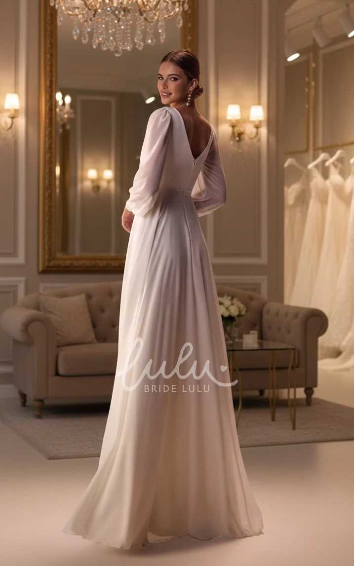 Simple Minimalist Split Front Long Sleeve Maxi A-Line Warm Wedding Dress Solid Flowy Casual Low Back Floor Length Reception Vow Renewal Bridal Gown