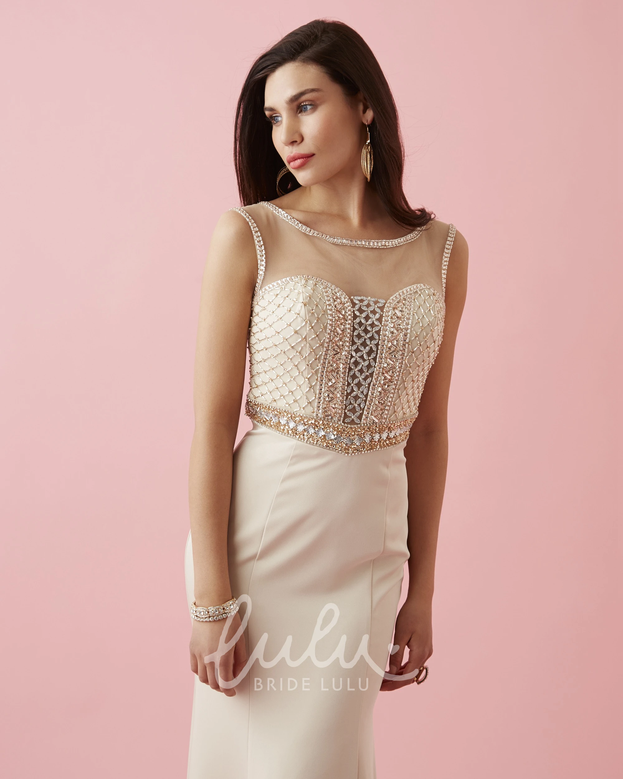Illusion Sheath Jersey Prom Dress with Scoop-Neck and Beading