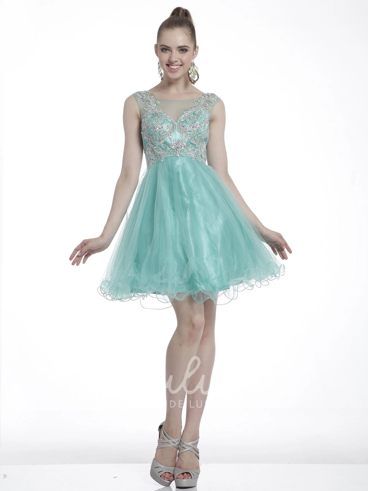 Sleeveless Tulle Satin A-Line Formal Dress with Beading and Ruffles