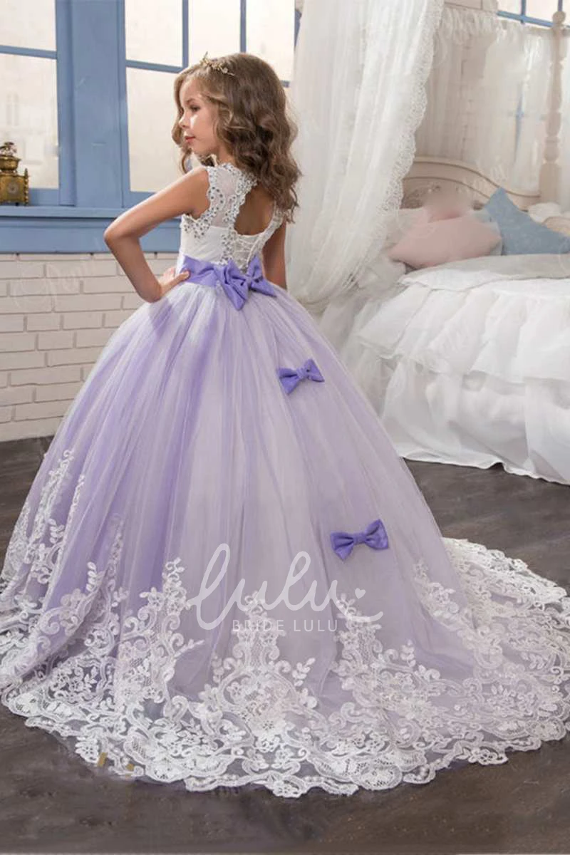 Floor-length Tulle Wedding Dress with Bow Ball Gown Sleeveless Scoop