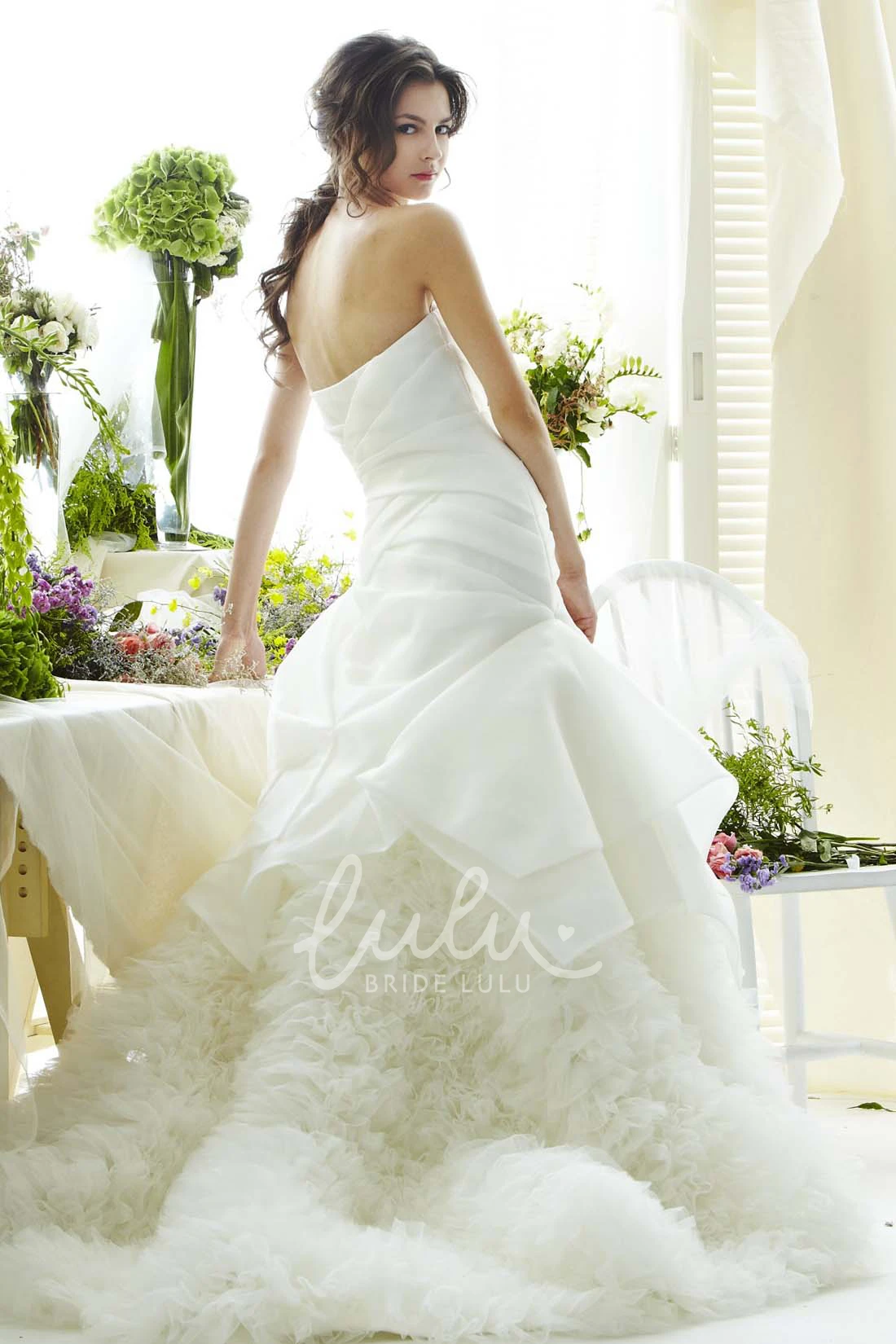 Ruffled Satin Backless Wedding Dress with Beading Unique Bridal Gown