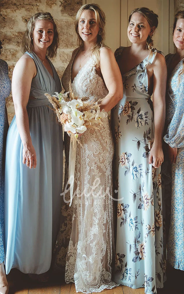 Bohemian Lace V-neck Mermaid Country Wedding Dress Bridal Gown with Open Back and Appliques