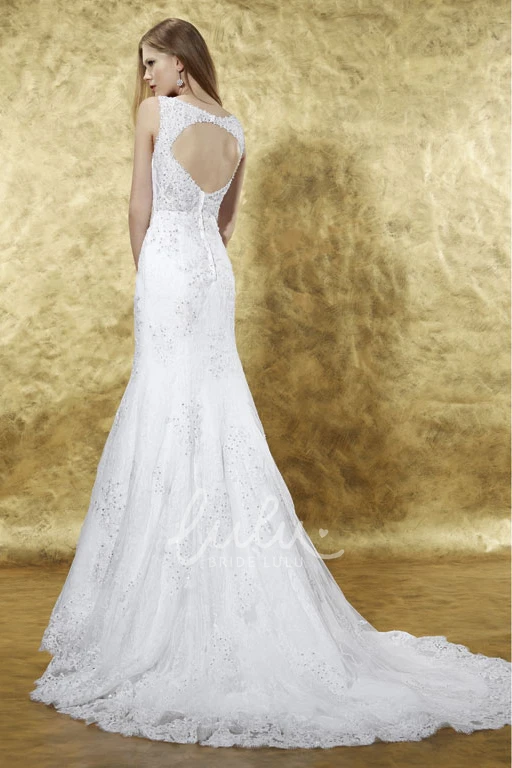 Sleeveless Mermaid Lace Wedding Dress with V-Neck Keyhole Back and Beading in Floor-Length
