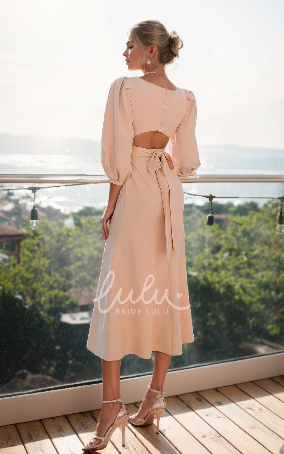 A-Line Jersey Vintage Modest Solid Wedding Dress Backless Bateau Neck Tea-length Long Sleeve Bridal Gown with Button Back Sash