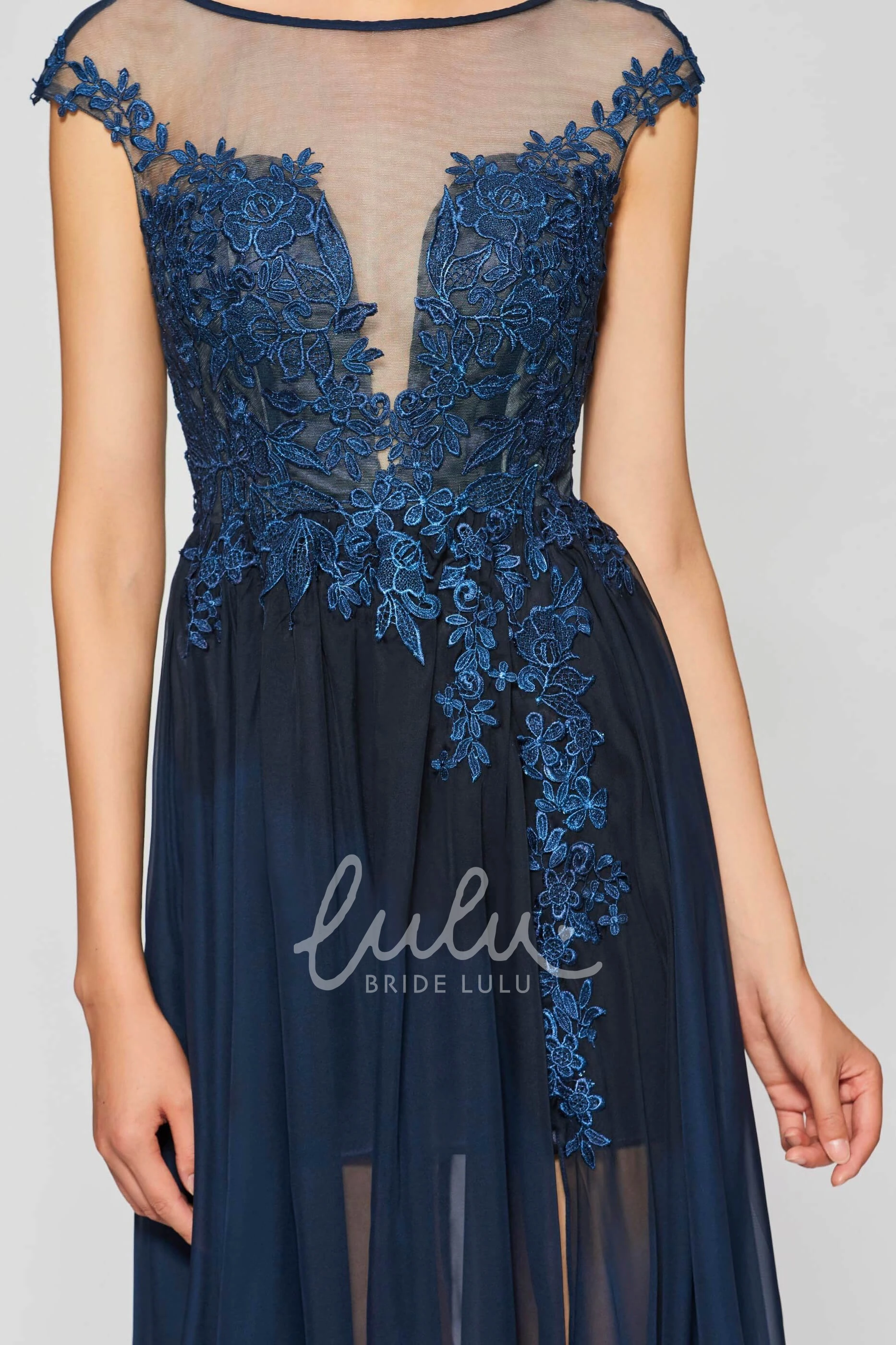 Sexy Split Front Bateau Chiffon Gown with Lace Applique A-line Deep V-back