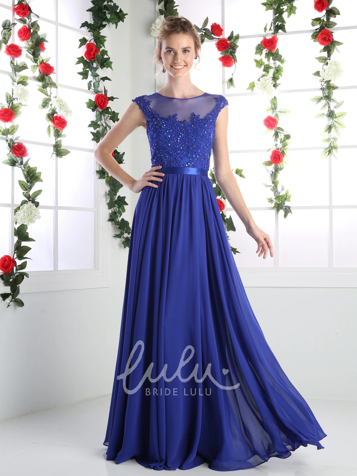 Cap-Sleeve Chiffon A-Line Formal Dress with Lace and Pleats