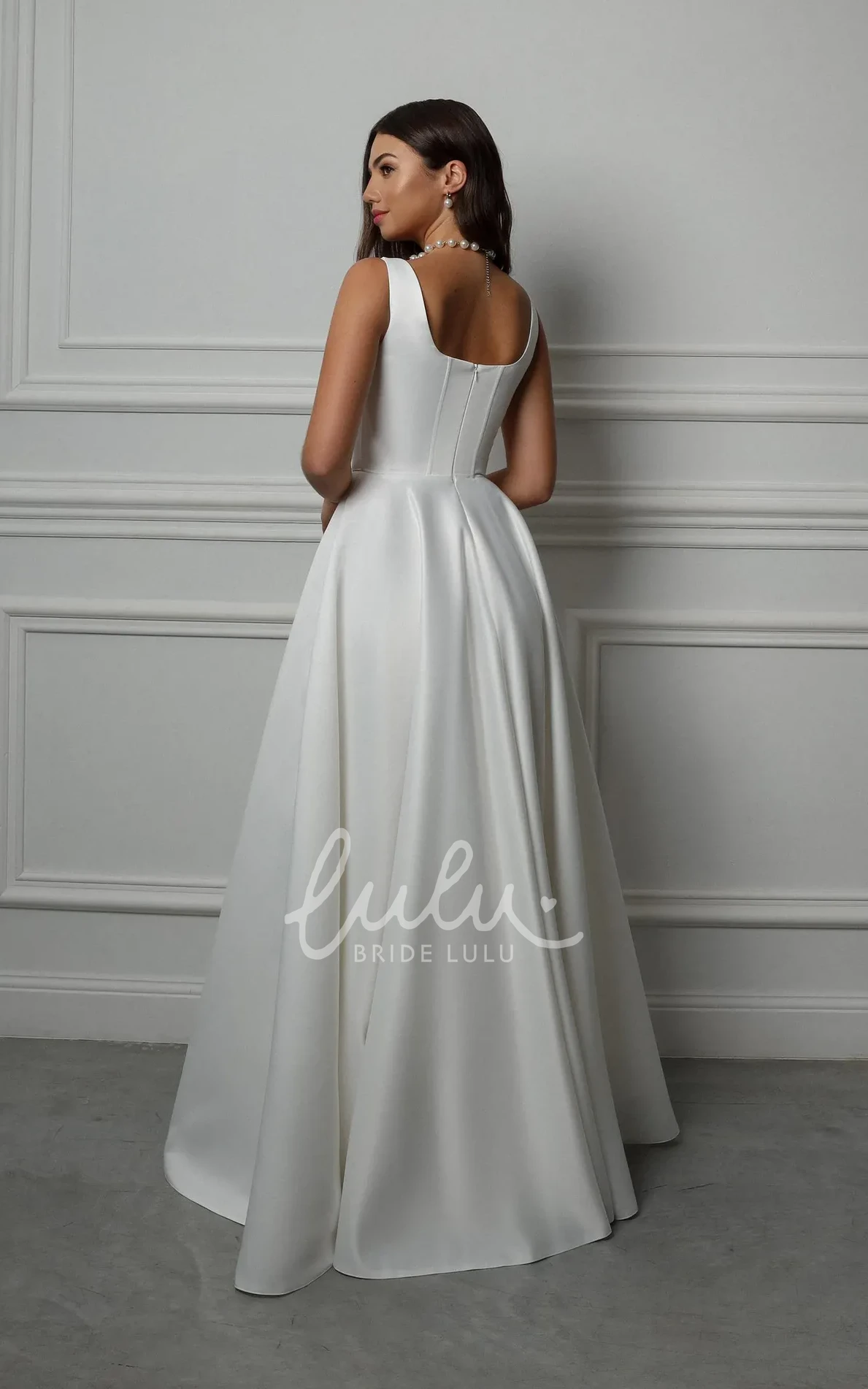 Simple Elegant Sleeveless Satin Wedding Dress Solid A-Line Minimalist Modern Bridal Gown