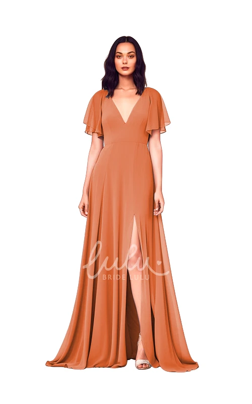 Modest A-Line Chiffon V-neck Bridesmaid Dress with Split Front Simple Wedding Dress