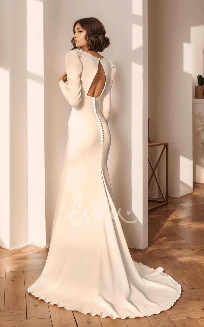 Vintage Long Sleeve V-neck Mermaid Satin Wedding Dress with Sweep Train Solid Button Back Bridal Gown