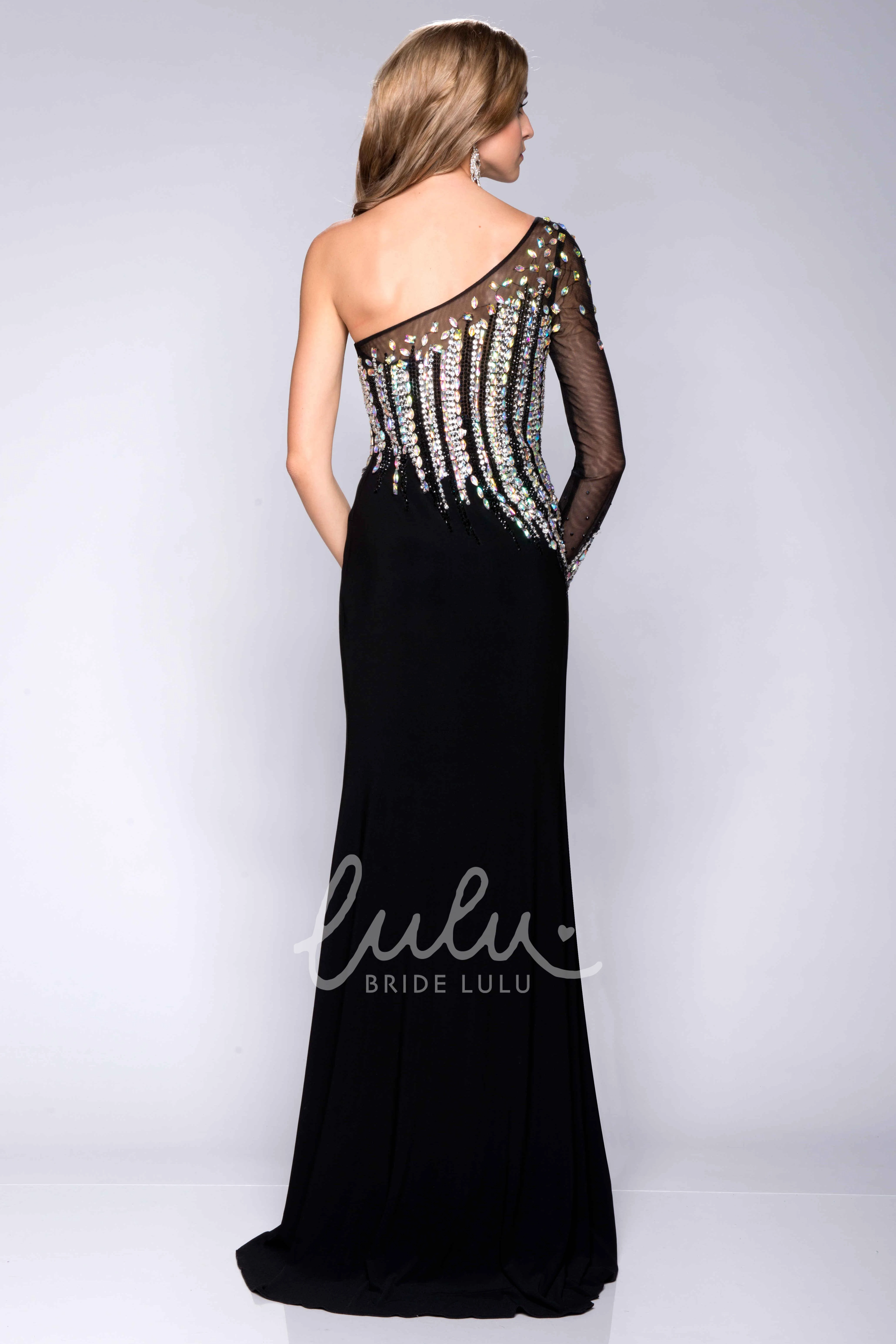 Jersey Prom Dress with Sequined Bodice One-Shoulder Side Slit Classy