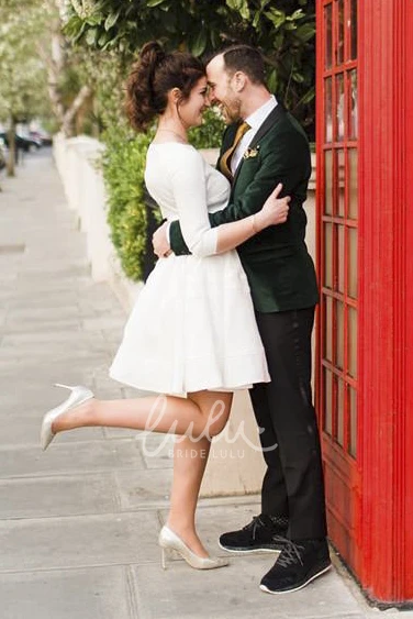 Knee Length Satin Wedding Dress with Bateau Neckline and Ruching Elegant Bridal Gown