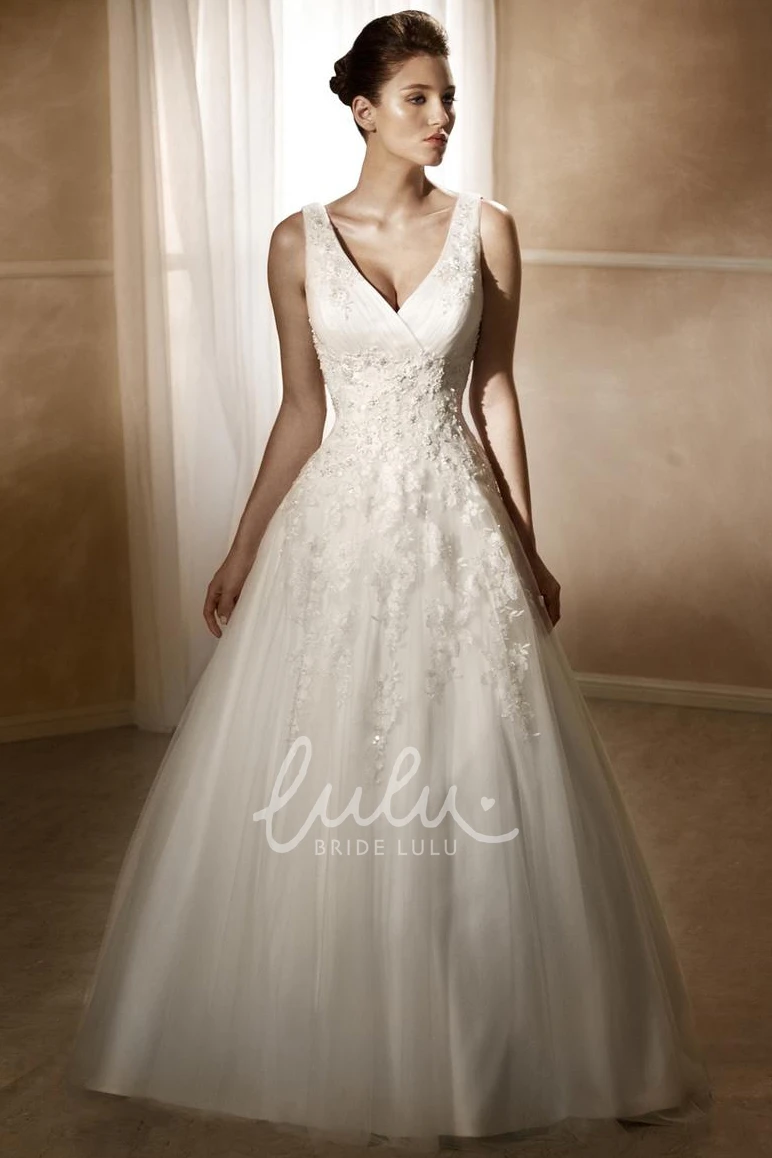 Appliqued Satin&Tulle V-Neck A-Line Wedding Dress with Court Train and Low-V Back