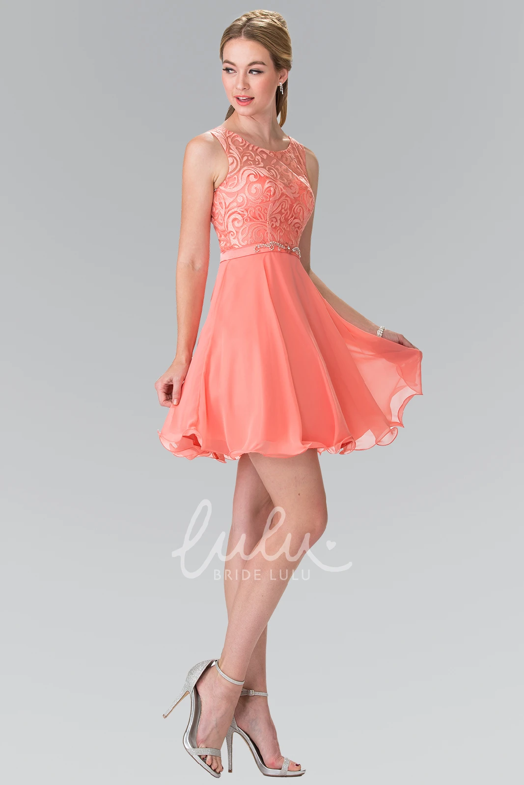 Sleeveless A-Line Chiffon Dress with Appliques and Waist Jewellery Short Bridesmaid Dress
