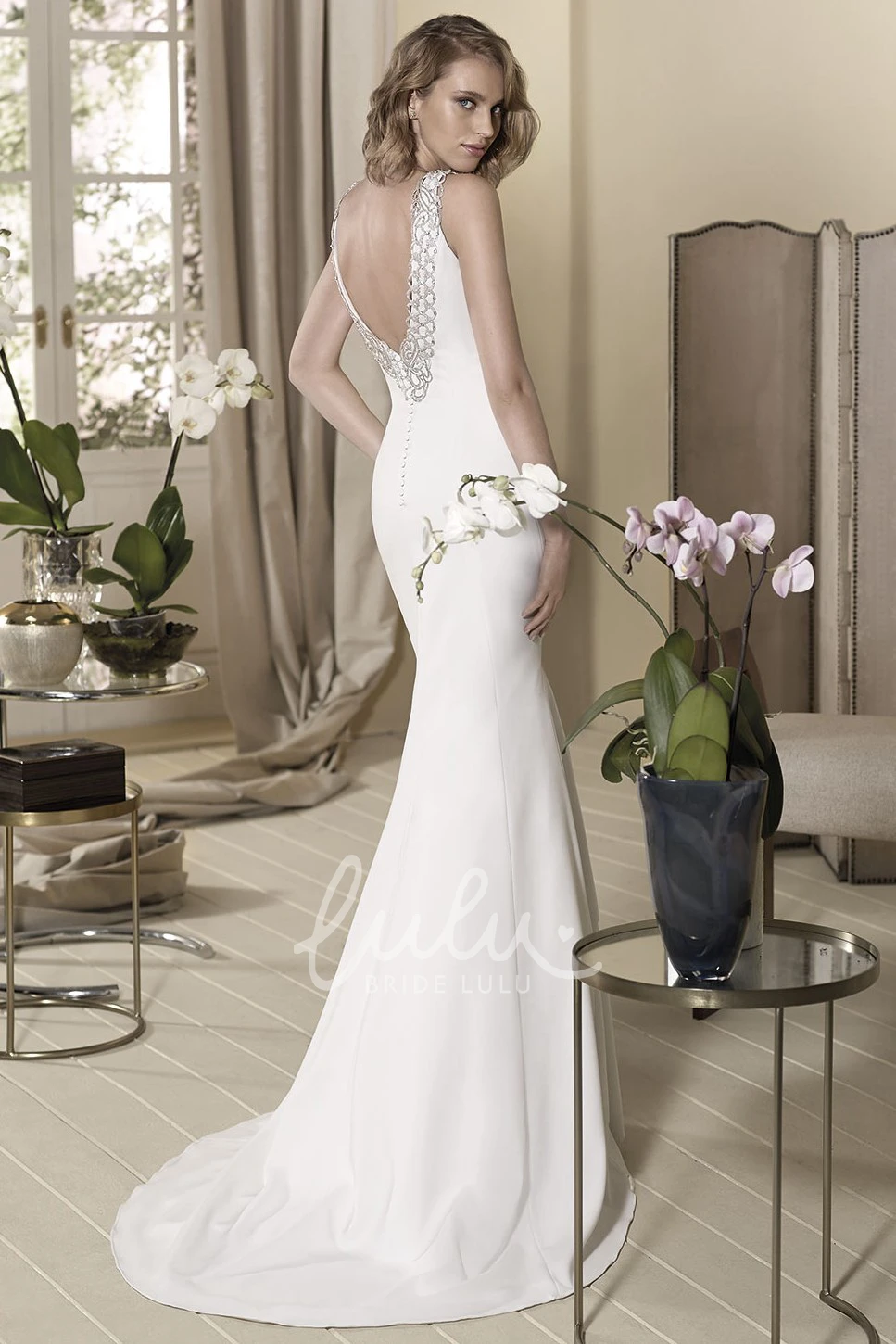 Beaded Sleeveless Sheath Wedding Dress with Bateau-Neck and Floor-Length