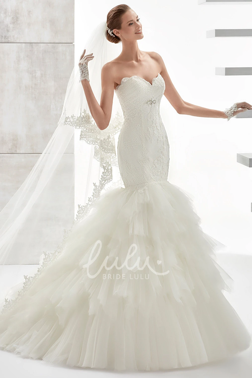 Mermaid Wedding Dress with Ruffled Tiers Train and Brush Train Unique Bridal Gown