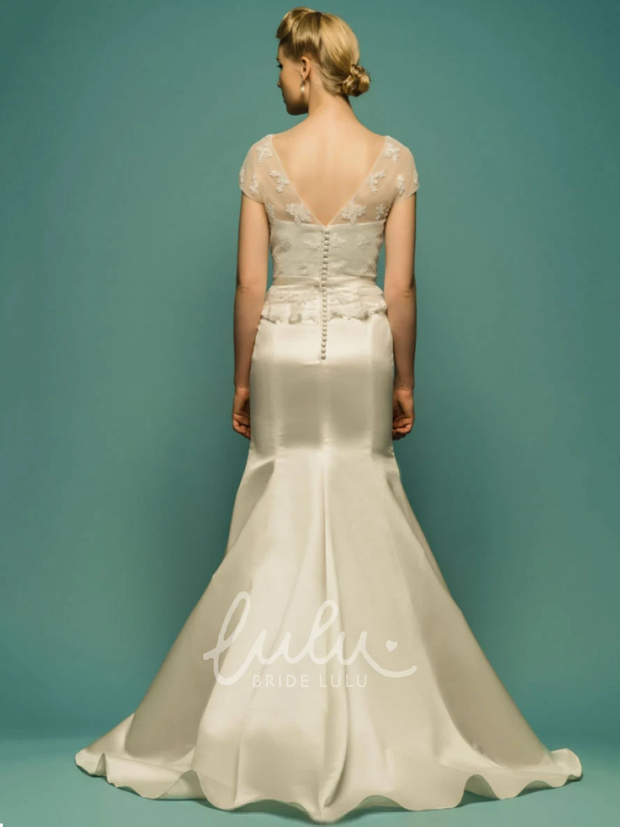 Mermaid Maxi Satin Wedding Dress with Peplum and Short Sleeves