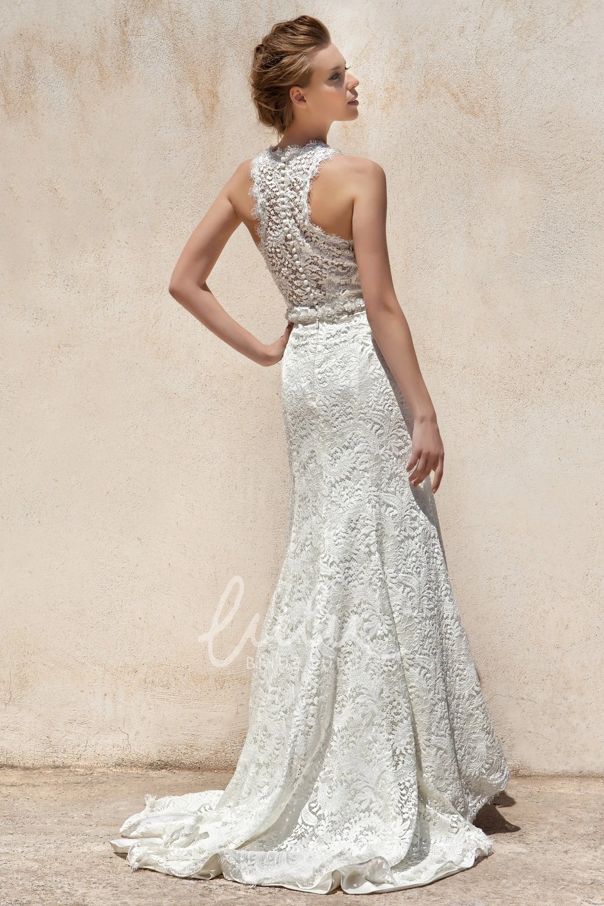 Beaded Sheath Lace Wedding Dress with High Neck and Sleeveless Design