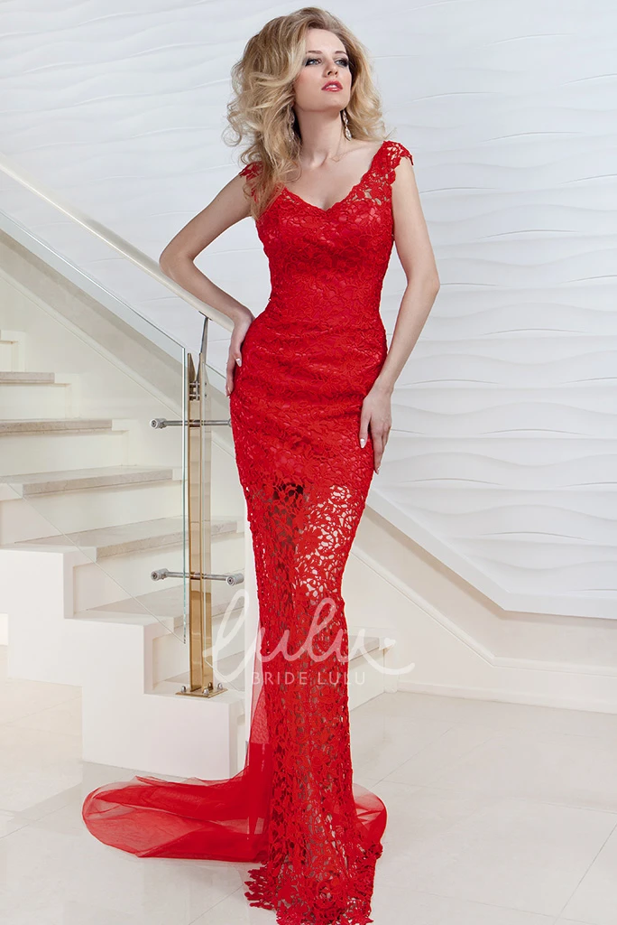 Lace Pencil Prom Dress with Cap-Sleeves V-Neck Keyhole Back and Watteau Train