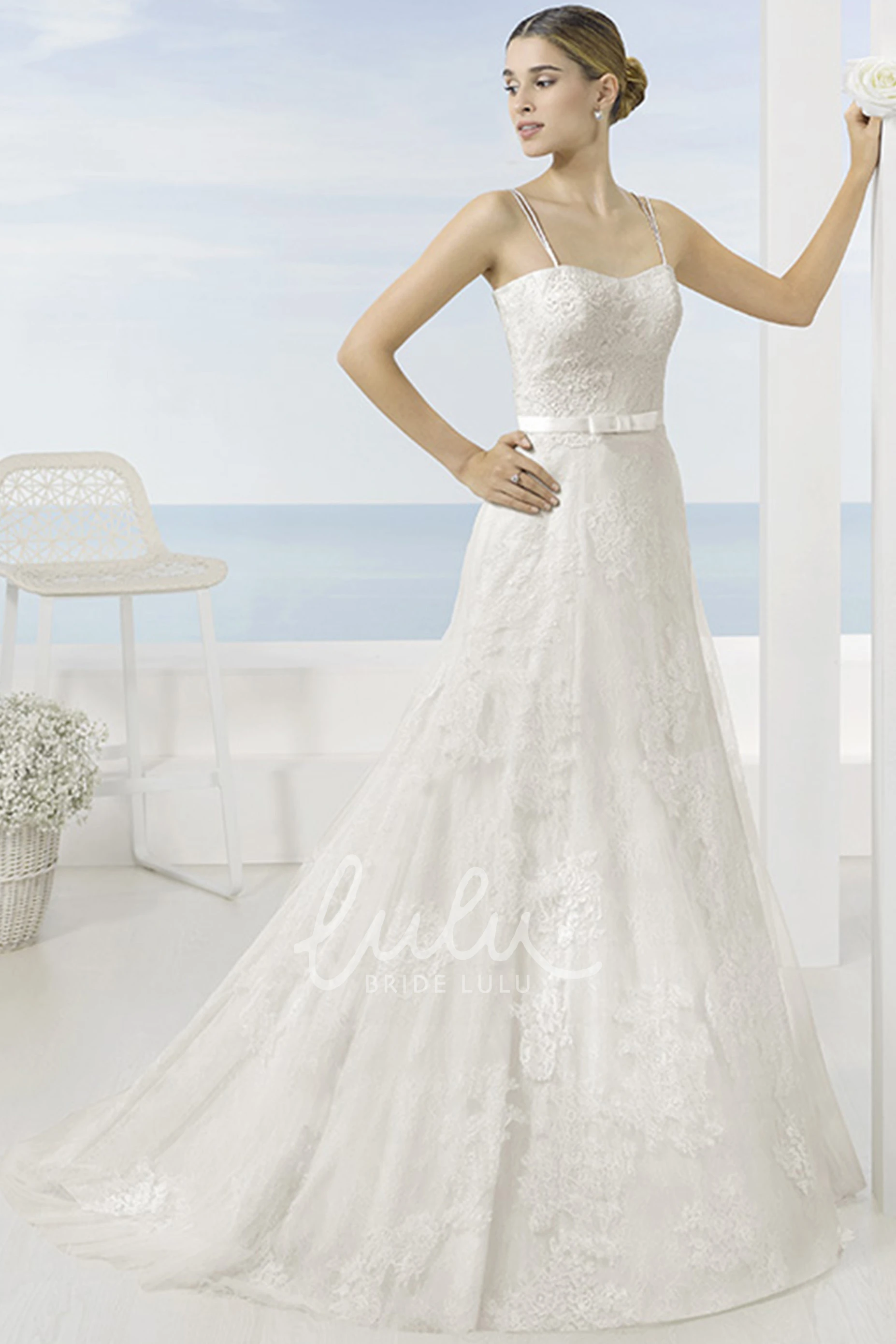 Sleeveless A-Line Lace Wedding Dress with Chapel Train and Low-V Back Modern Bridal Gown