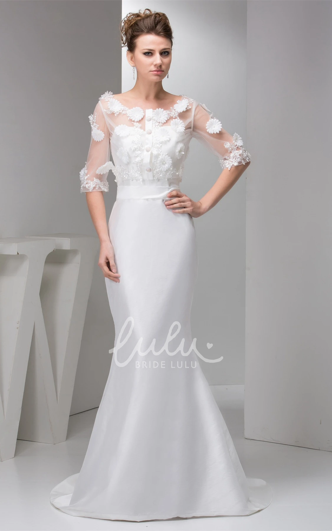 Floral Half-Sleeve Satin Mermaid Dress with Illusion Top