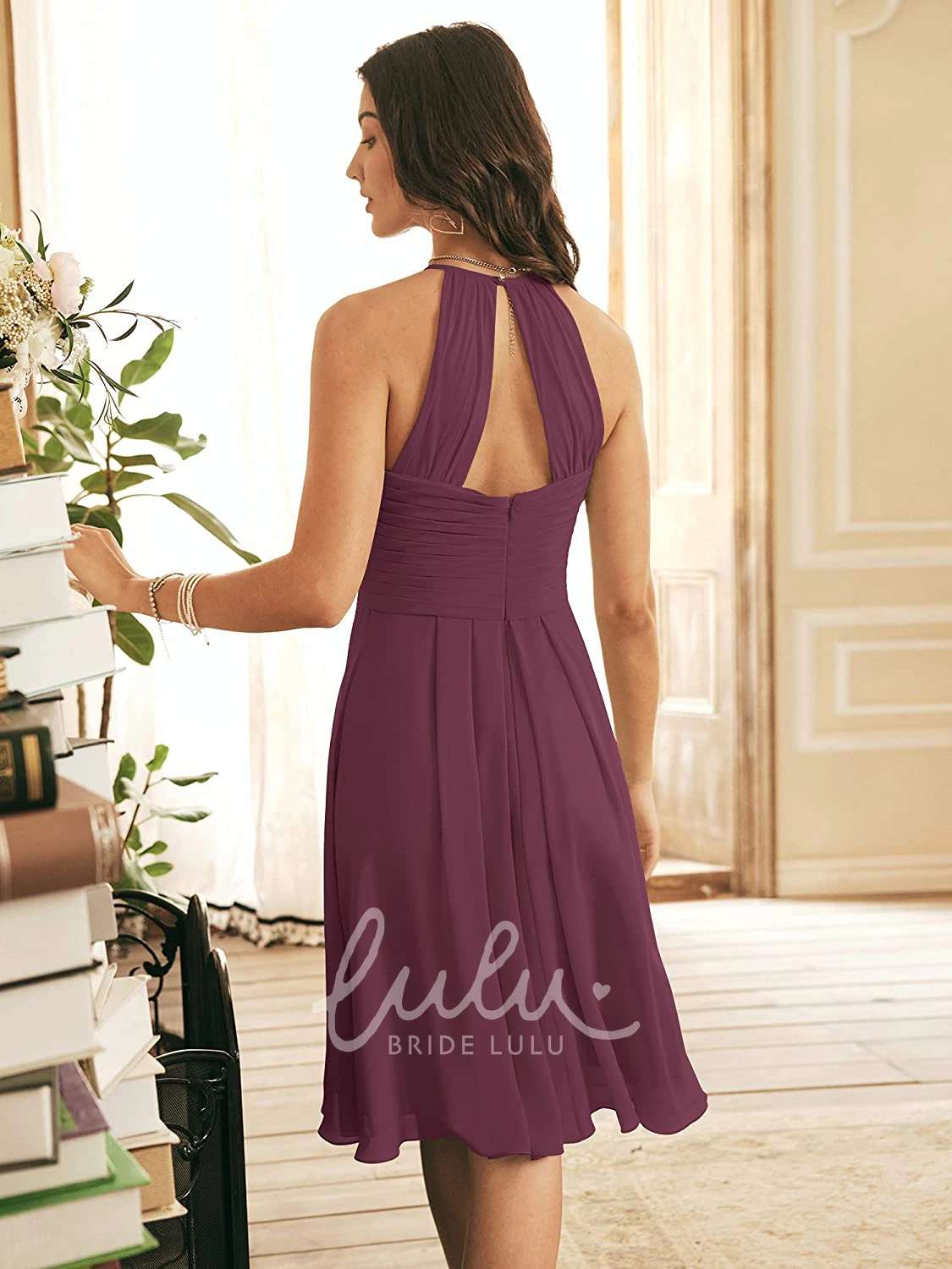 Halter A-Line Chiffon Bridesmaid Dress with Criss Cross Simple Knee-Length