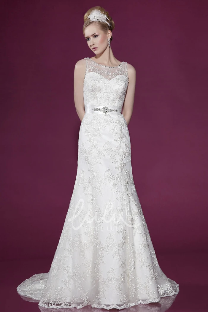Satin Bateau Spring Wedding Dress with Court Train and Bow Classic Bridal Gown