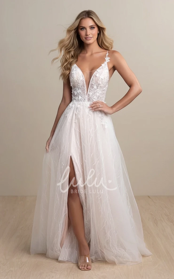 Princess Beach A-Line Boho Spring Wedding Dress Sparkly Sexy Sequins Straps Plunging Neckline Appliqued Tulle Bridal Gown with Train