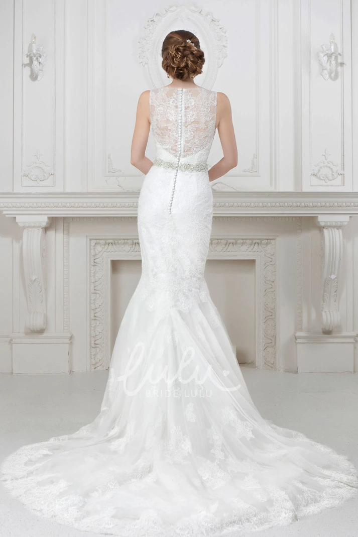 Sleeveless Satin Bateau-Neck Mermaid Wedding Dress with Waist Jewelry