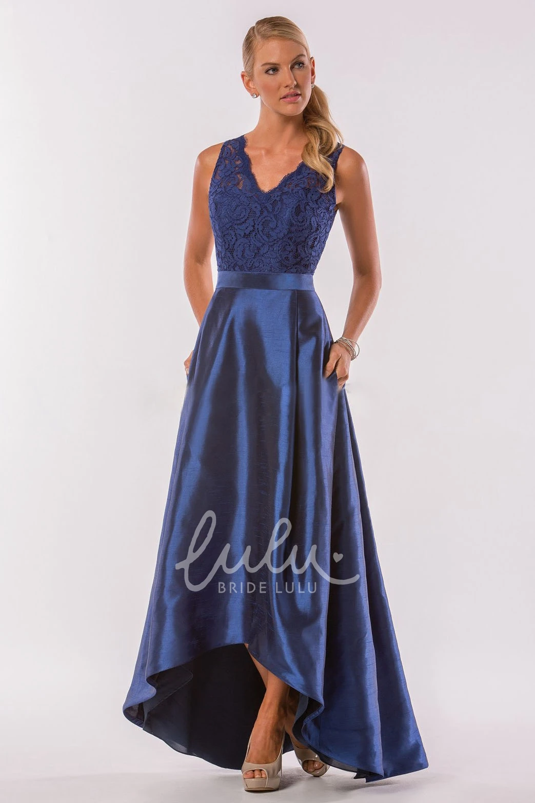Sleeveless V-Neck A-Line High-Low Bridesmaid Dress with Pockets and Lace Bodice Lace Bodice High-Low Bridesmaid Dress with Pockets