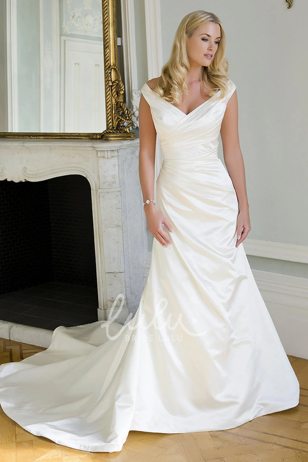 Satin Sheath Wedding Dress with Side Draping and V-Back Modern Bridal Gown