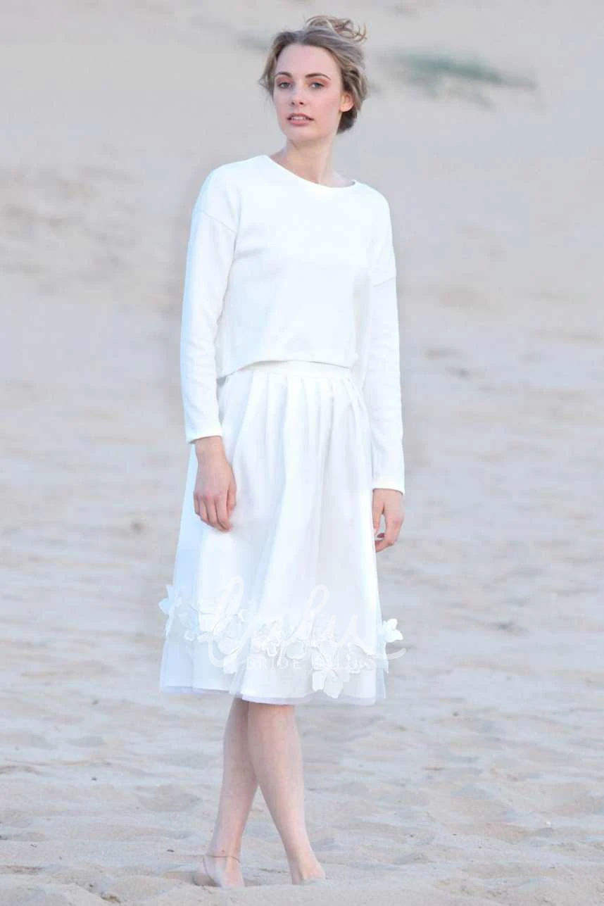 Long Sleeve Knee-Length Dress with Appliques Scoop-Neck & Classy