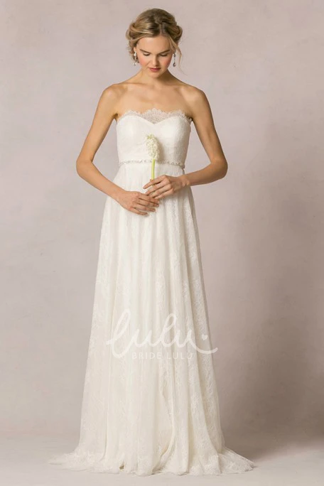 Floor-Length Strapless Lace A-Line Wedding Dress with Jeweled Details