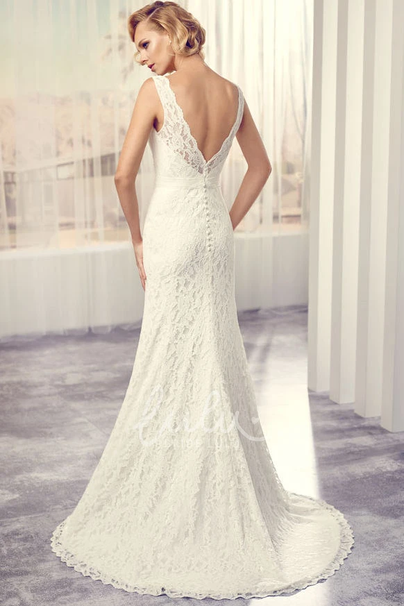 V-Neck Jeweled Lace Wedding Dress with Brush Train Floor-Length Style