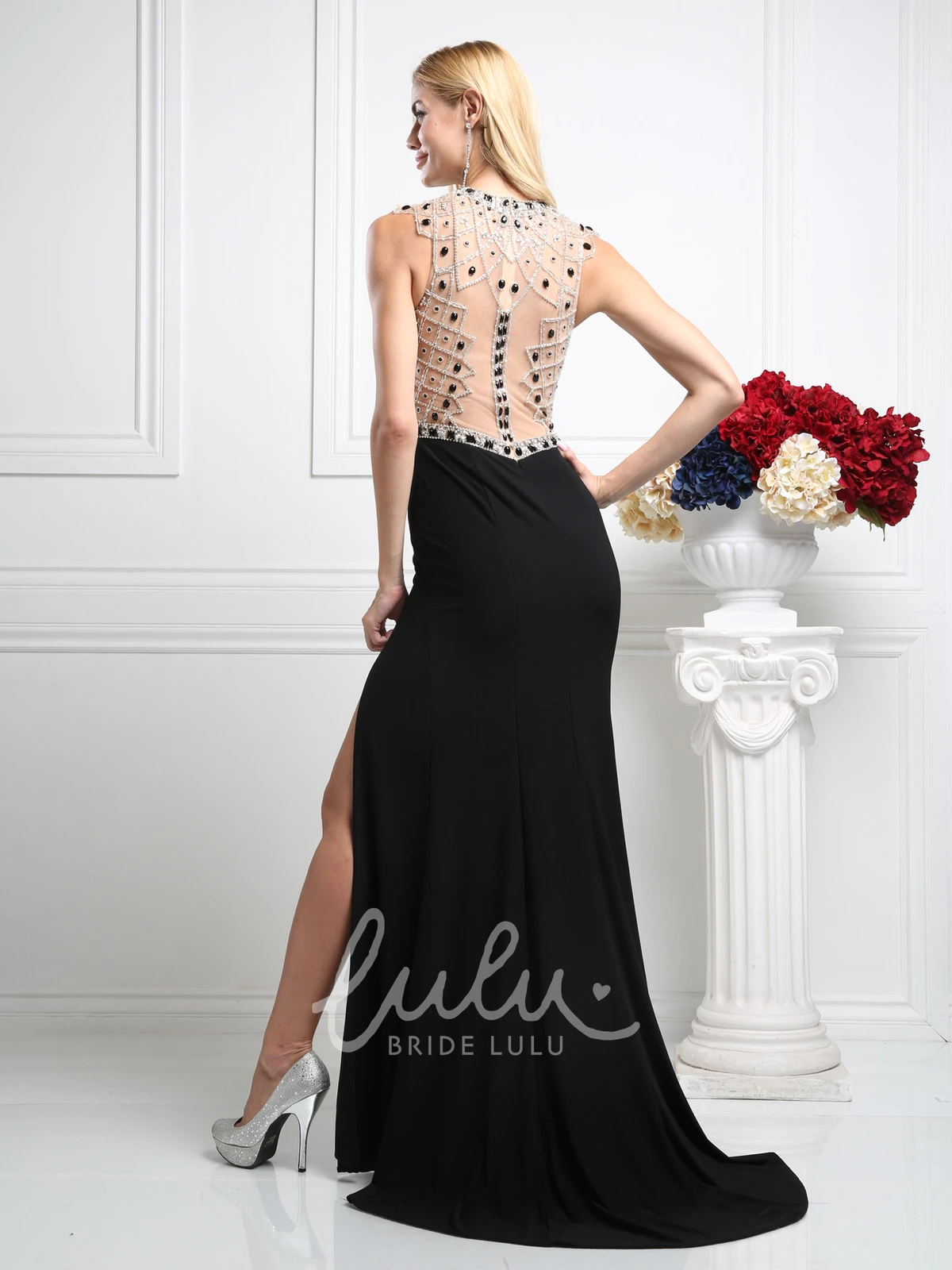 Jewel-Neck Sheath Formal Dress with Illusion Split Front and Beading