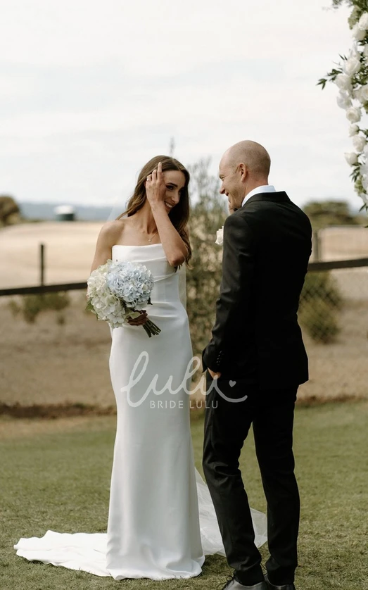 Modest Simple Mermaid Satin Wedding Dress Minimalist Casual Destination Strapless Sleeveless Button Back Bridal Gown with Train