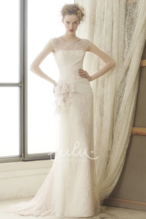 Cap-Sleeve Scoop Neck Floral Lace Sheath Wedding Dress with Illusion Back and Sweep Train