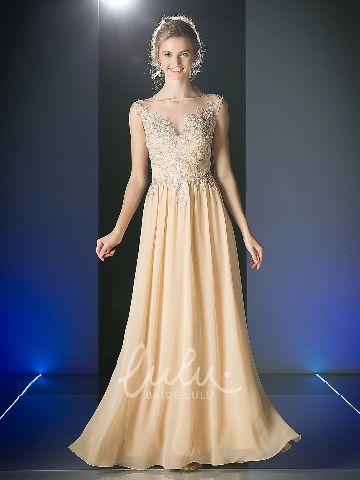 Scoop-Neck Sleeveless Sheath Dress with Appliques and Illusion in Chiffon Fabric