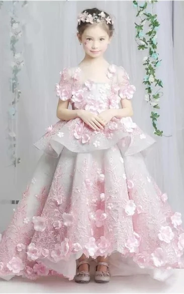 Floral Organza Flower Girl Dress with Scoop Neck and Lace Applique