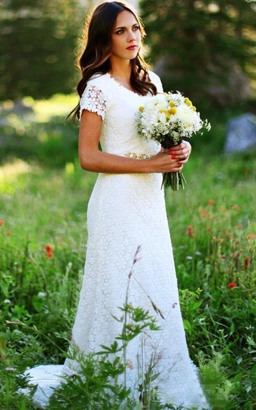 Jewel Sheath Lace Wedding Dress with Zipper Modern Bridal Gown
