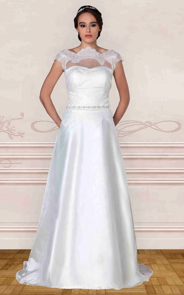 Taffeta & Tulle Cap-Sleeve Wedding Dress with Jeweled Lace A-Line Bateau-Neck Illusion Gown