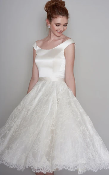 Satin Lace Off-Shoulder Low-V Back Tea-Length Bridal Gown