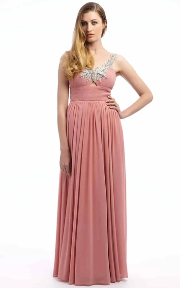 Long Chiffon Prom Dress with Pleats Beaded Sleeveless Strapped