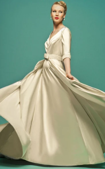 Jeweled V-Neck Half-Sleeve Satin Cape Wedding Dress