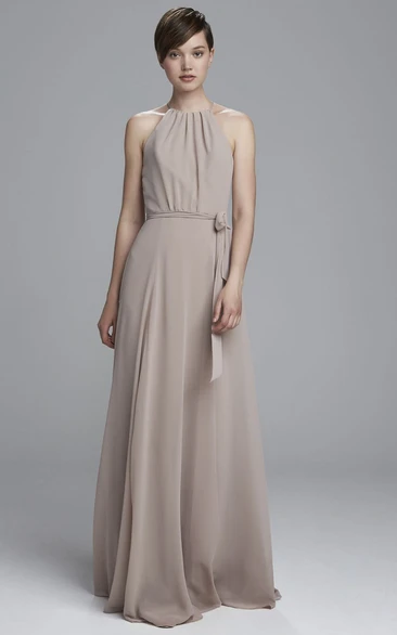 High Neck A-Line Chiffon Bridesmaid Dress with Bows and Straps Sleeveless