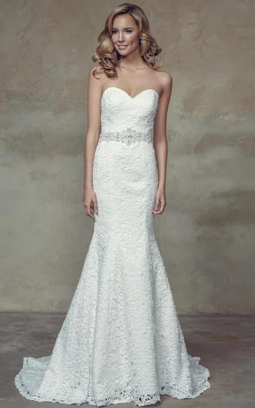 Sheath Lace Wedding Dress with Corset Back and Waist Jewelry Sweetheart Floor-Length Dress