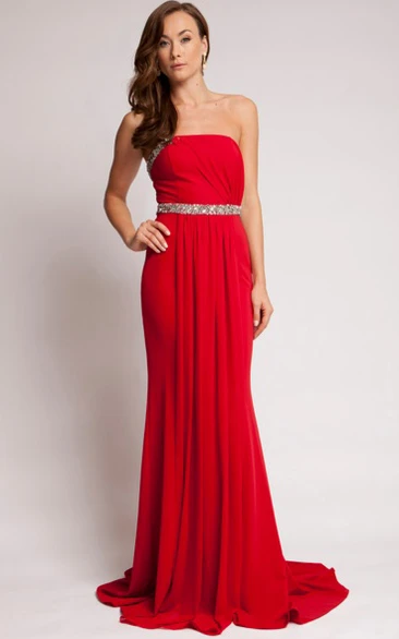 Strapless Sheath Chiffon Prom Dress with Beading Pleats and Backless Style