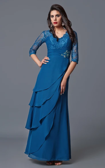 Chiffon Mother of the Bride Dress with V-neck and Long Sleeves