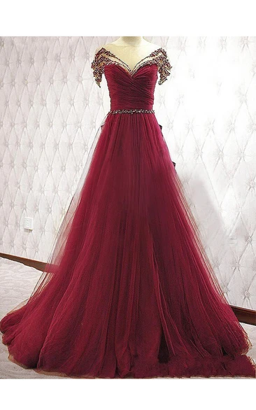 Short-sleeved Ballgown Prom Dress with Sequins and Pleats